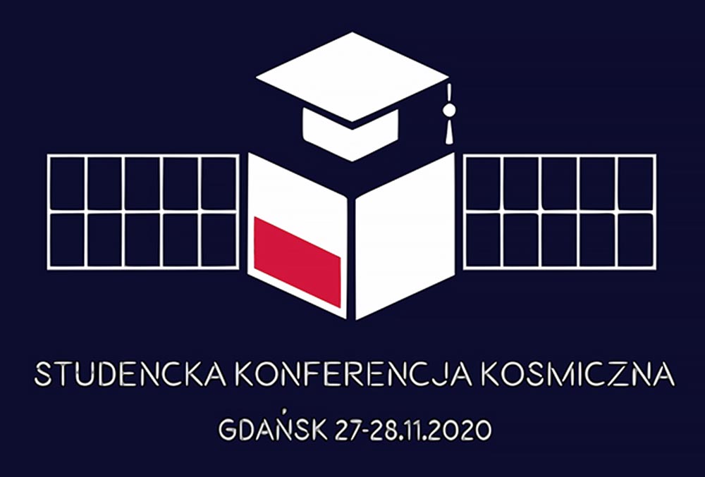 na granatowym tle stylizowany graficznie obraz satelity z flagą Polski oraz biretem akademickim oraz napis: Studencka Konferencja Kosmiczna Gdańsk 27-28.11.2020