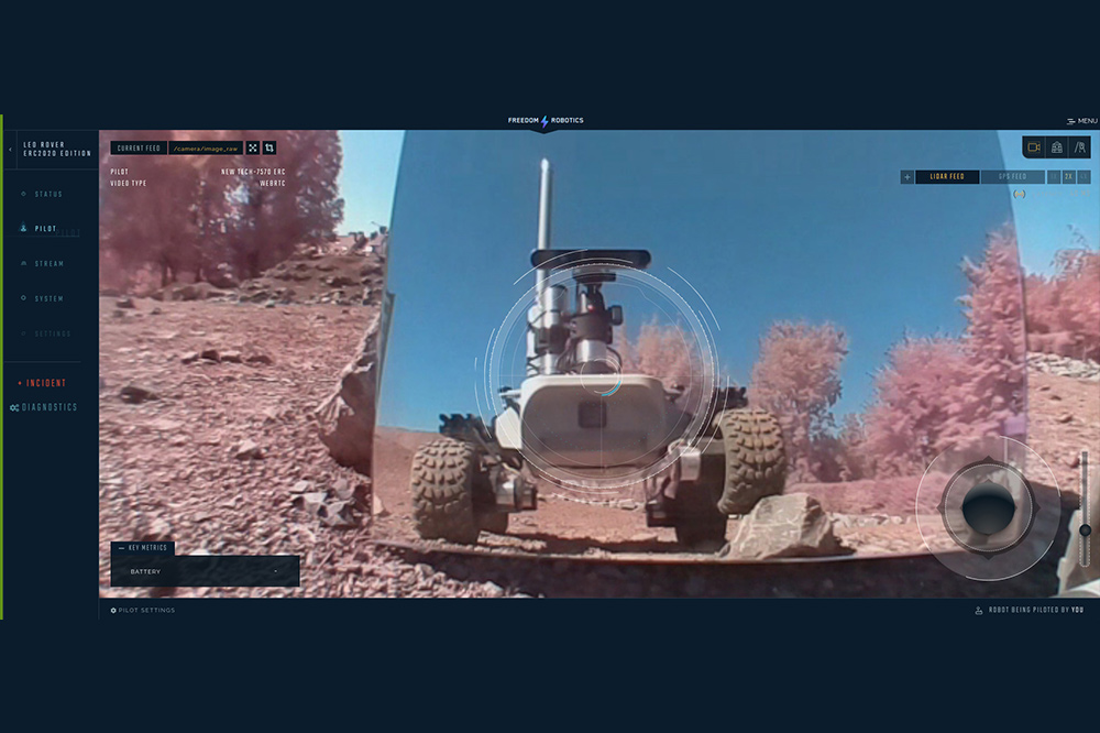 Komputerowy obraz łazika oraz powierzni terenu treningowego wykonane podczas sesji testowej Argo Team w ramach European Rover Challenge 2020