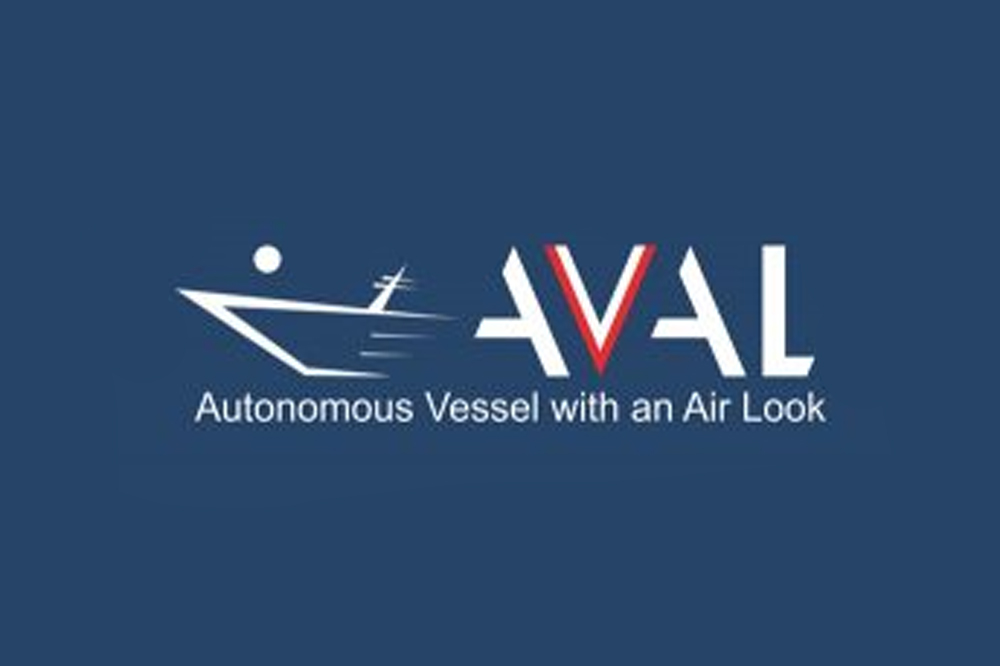 Grafika. Na niebieskim tle sylwetka statku morskiego i napis AVAL Autonomous Vessel with an Air Look