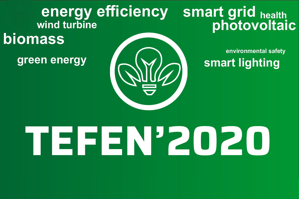 na zielonym tle białe napisy pisane cznionką o różnej wielkości, rozrzucone na obszarze grafiki: TEFEN'2020, energy efficiency, smart grid, photovoltaic, biomass, health, smart lighting, green energy