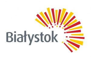 Logo Miasta Białegostoku. Na białym tle napis Białystok. Po prawej stronie napisu układające się wachlarz trójkąty czerwone i żółte