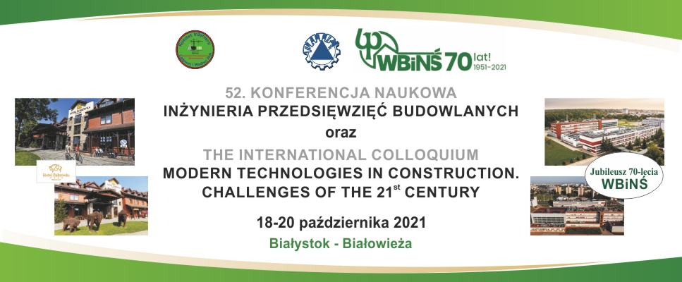 grafika ilustracyjna. Zaproszenie na konferencję IPB2021 opatrzone małymi zdjęciami hotelu w Białowieży i Wydziału Budownictwa i Nauk o Środowisku