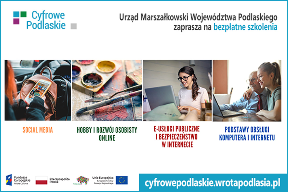 grafika zachęcająca do udziału w bezpłatnych szkoleniach z projektu Urzędu Marszałkowskiego: Cyfrowe Podlaskie