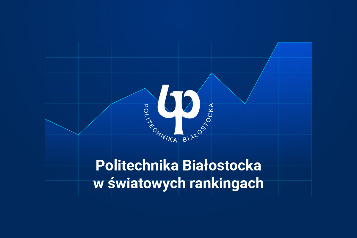 grafika: na niebieskim tle napis Politechnika Białostocka w światowych rankingach