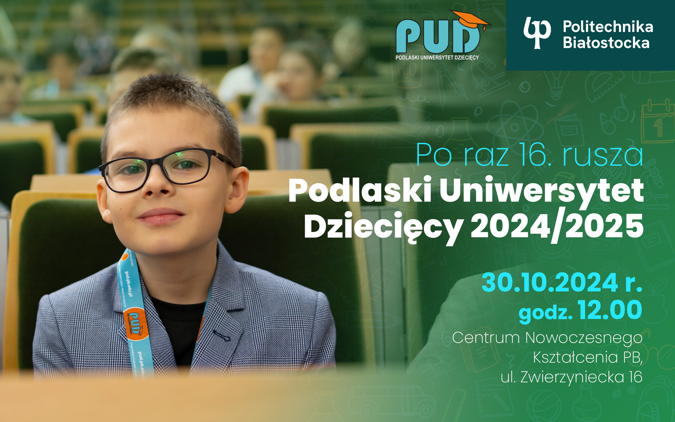 grafika z dzieckiem promująca Podlaski Uniwersytet Dziecięcy