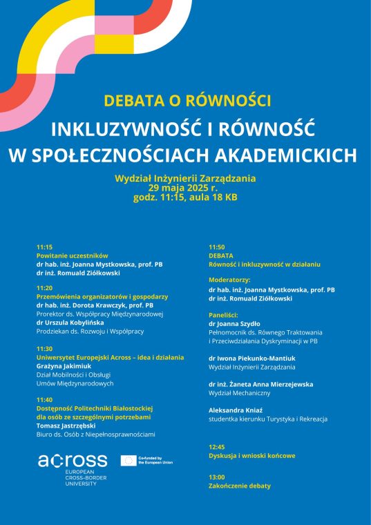 Plakat zawierający agendę debaty Uniwersytetu Across 