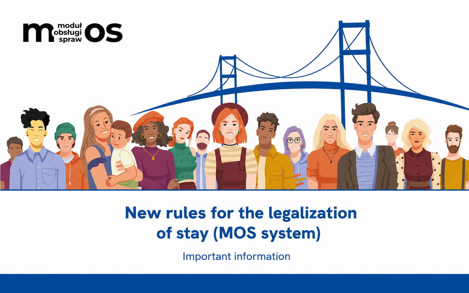 MOS infographic presenting information on new rules for legalising stay, featuring an illustration of a group of people and a bridge graphic motif