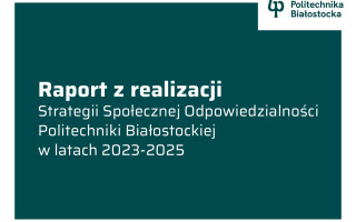grafika z napisem: Raport z realizacji Strategii Społecznej Odpowiedzialności Politechniki Białostockiej w latach 2023-2025