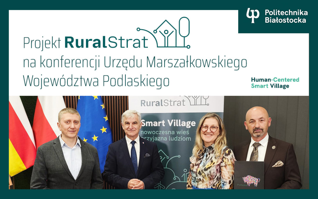 grafika projektu oraz grupowe zdjęcie 4 osób
