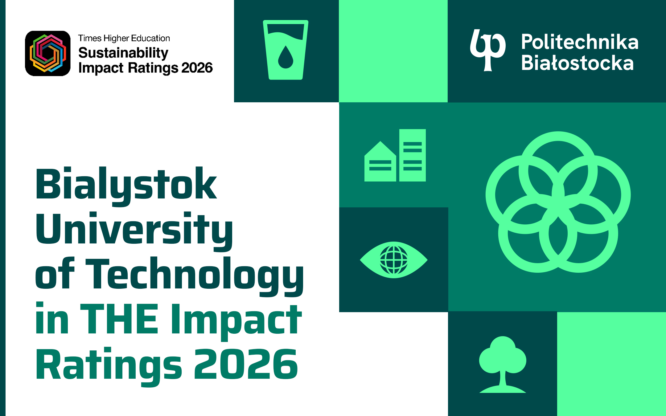Information graphic from Bialystok University of Technology about its participation in the THE Impact Rankings 2026, featuring sustainability-themed icons and the university logo