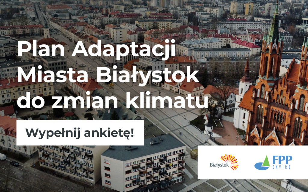 grafika ze zdjęciem w tle przedstawiającym centrum Białegostoku z lotu ptaka