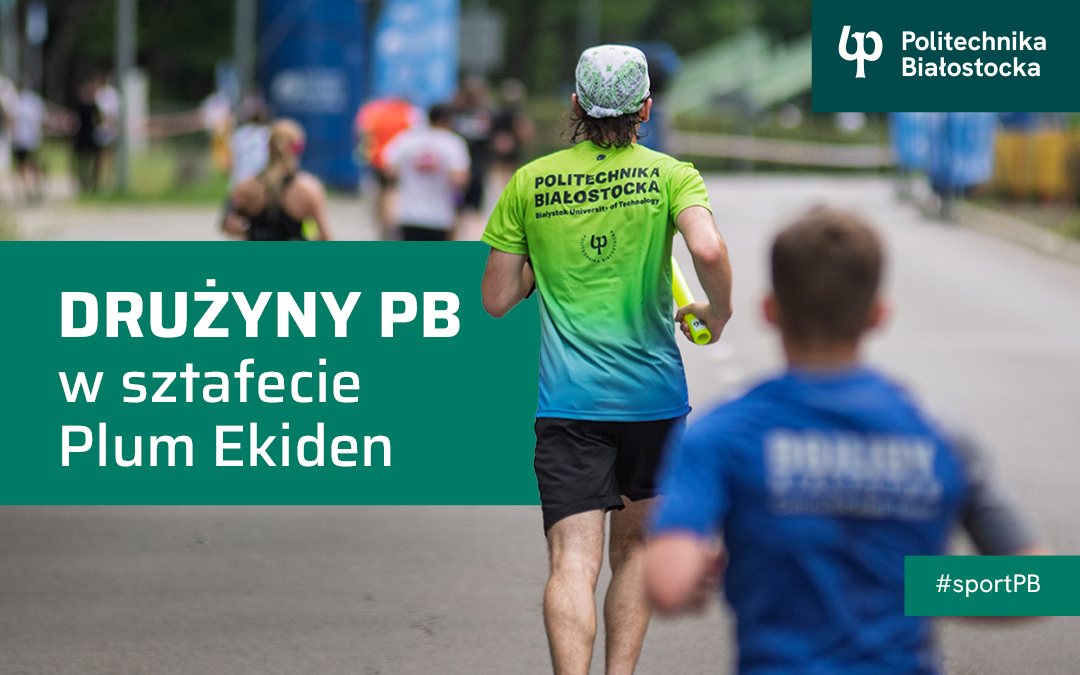 plecy biegacza. Napis: Drużyny PB w sztafecie Plum Ekiden