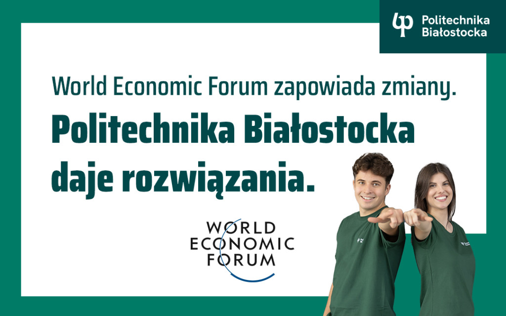 grafika z napisami oraz dwójką studentów, mężczyzną i kobietą stojących z wyprostowanym ramieniem skierowanym w stronę patrzącego