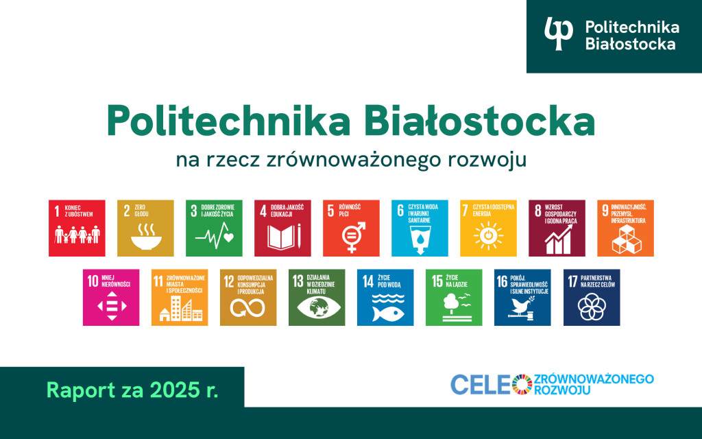 grafika z napisem: Politechnika Białostocka na rzecz zrównoważonego rozwoju