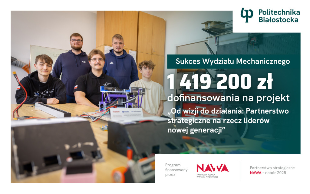 studenci oraz roboty sumo- grafika mówiąca o dofinansowaniu prawie 1,4 mln. zł na projekt WM PB