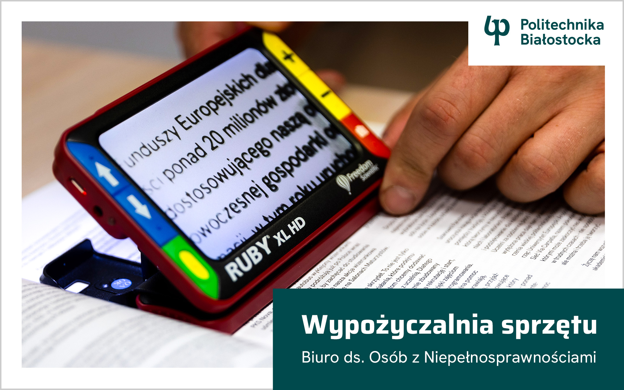 Grafika pokazuje rękę, trzymającą lupę powiększającą, napis informuje o wypożyczalni sprzętu w BON