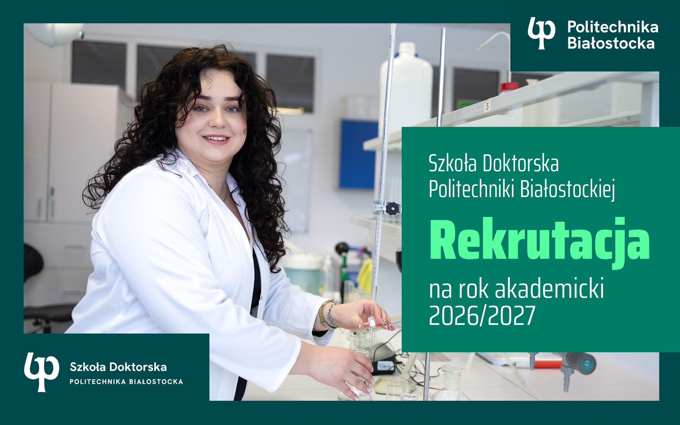 młoda dziewczyna w białym fartuchu na tle laboratorium