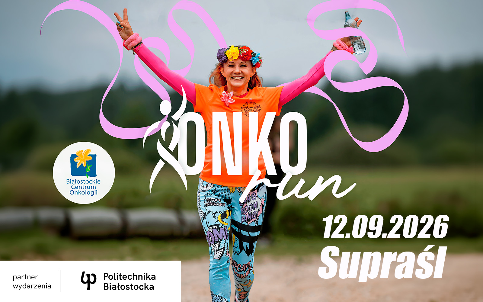 uśmiechnięta kobieta w wianku - grafika Onko Run 2026, którego partnerem jest PB