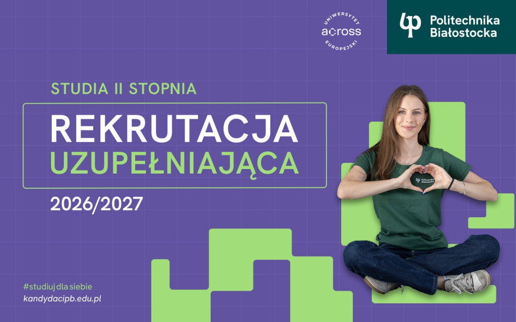 Studentka uśmiechnięta, grafika informuje o rekrutacji na studia II stopnia PB