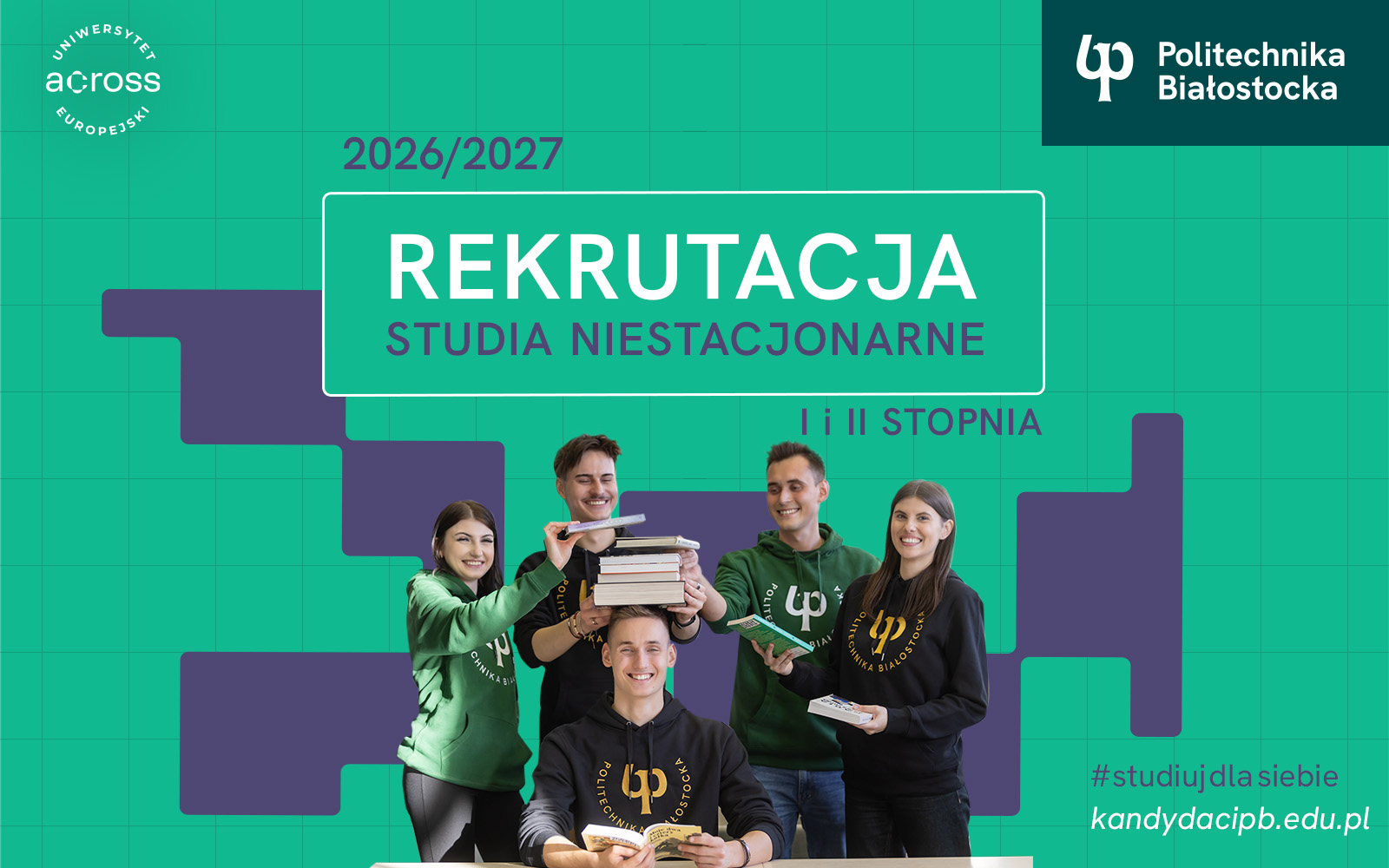uśmiechnięci młodzi ludzie w grupie - grafika informująca o rekrutacji na studia niestacjonarne I i II stopnia