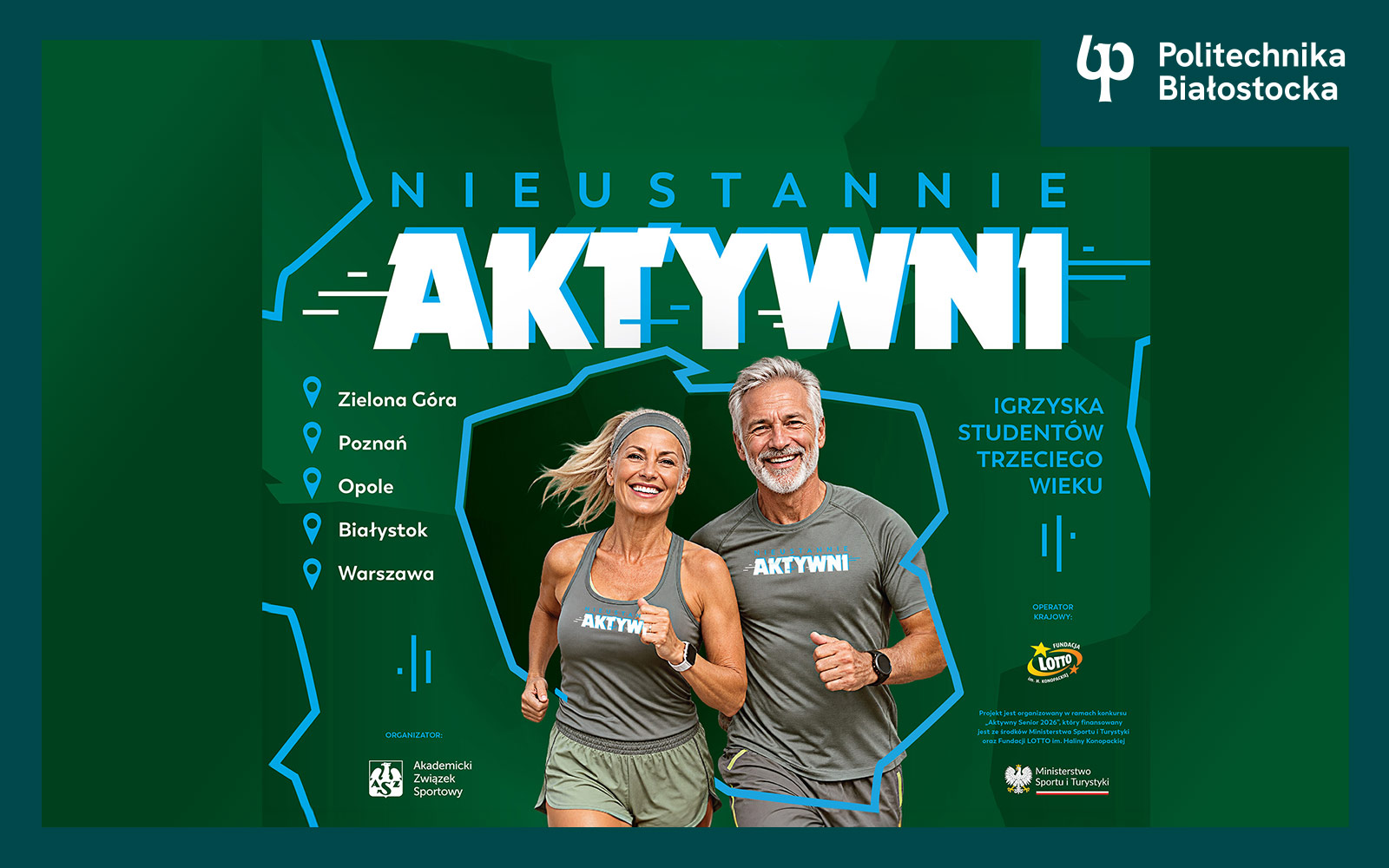 grafika przedstawiająca biegającą parę seniorów, promocja akcji Nieustannie Aktywni