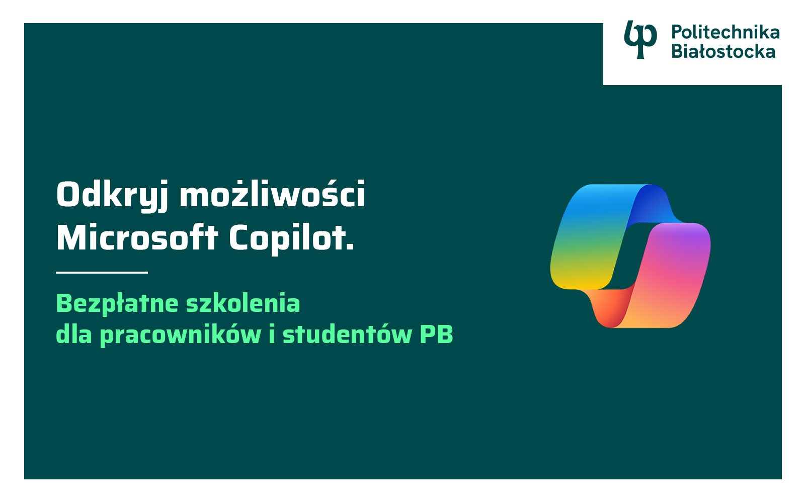 grafika - Odkryj możliwości Microsoft Copilot. Bezpłatne szkolenia dla pracowników i studentów PB
