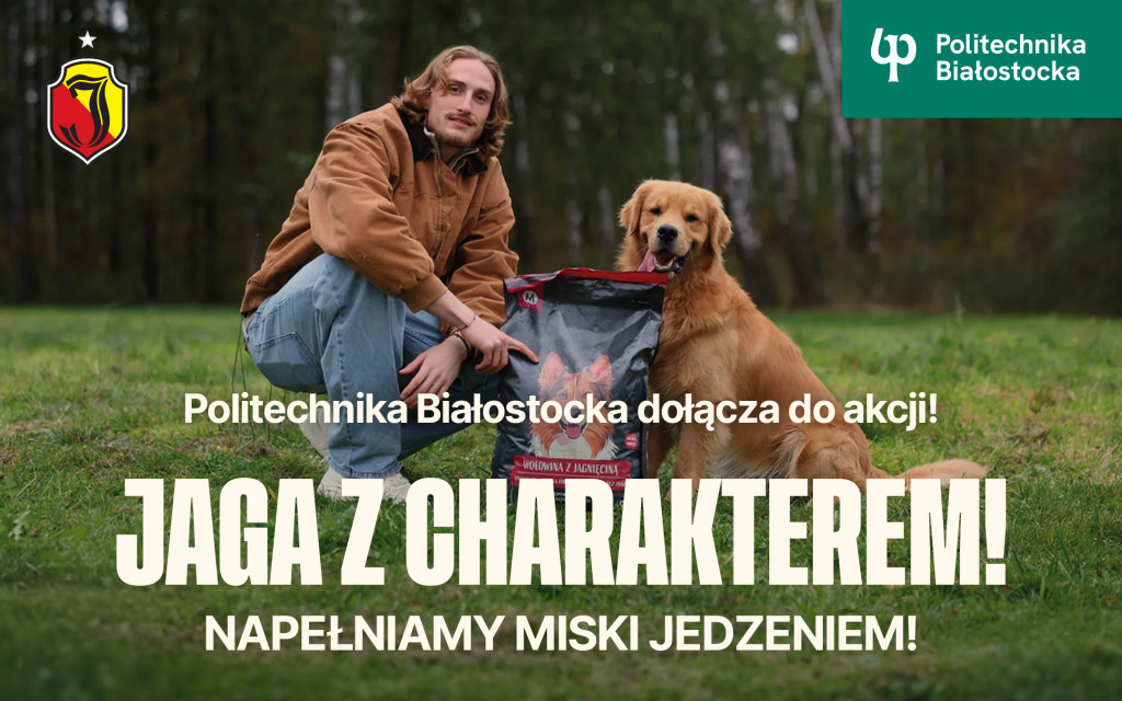 młody chłopak z psem i workiem karmy - Politechnika Białostocka dołącza do akcji Jaga z charakterem – napełniamy miski jedzeniem!