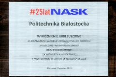 Politechnika Białostocka otrzymala wyróżnienie z okazji 25-lecia NASK, 13 grudnia 2018 r.