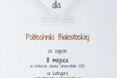 Dyplom za zajęcie III miejsca w konkursie Fundacji Edukacyjnej Perspektywy - Genius Universitatis na kreatywne kampanie promocyjne szkół wyższych.  6 marca 2020 r.