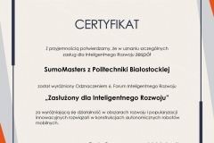 Certyfikat Nagrody Inteligentnego Rozwoju dla SumoMasters. 2021 r.