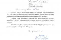 List gratulacyjny od JM Rektora Wyższej Szkoły Agrobiznesu w Łomży