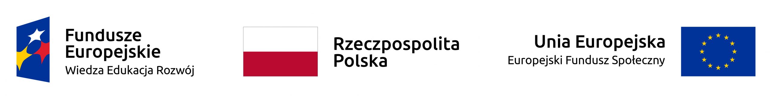 Z lewej strony logotyp Programu Operacyjnego Wiedza Edukacja Rozwój, z prawej strony logo Unii Europejskiej oraz napis Unia Europejska Europejski Funduszu Społeczny. Na środku biało-czerwona flaga Polski z napisem Rzeczypospolita Polska